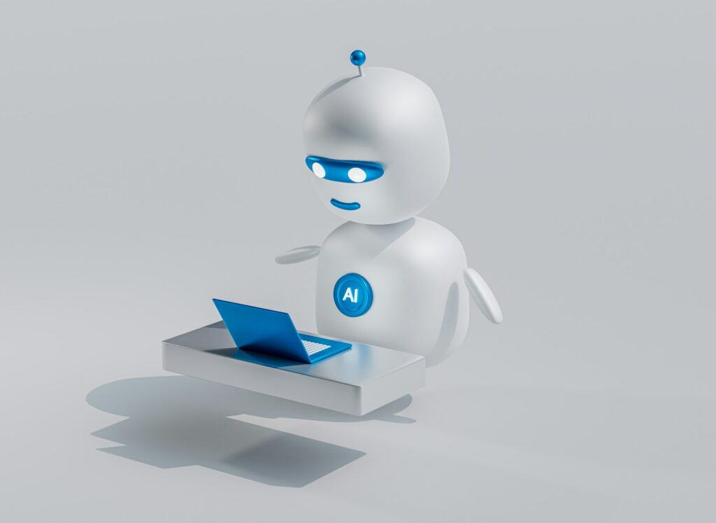Robotfiguur achter een laptop als beeld voor softwareaanbevelingen door AI-assistenten