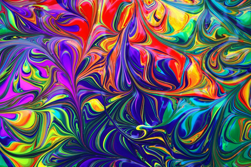 Abstract schilderij in groen, paars en oranje