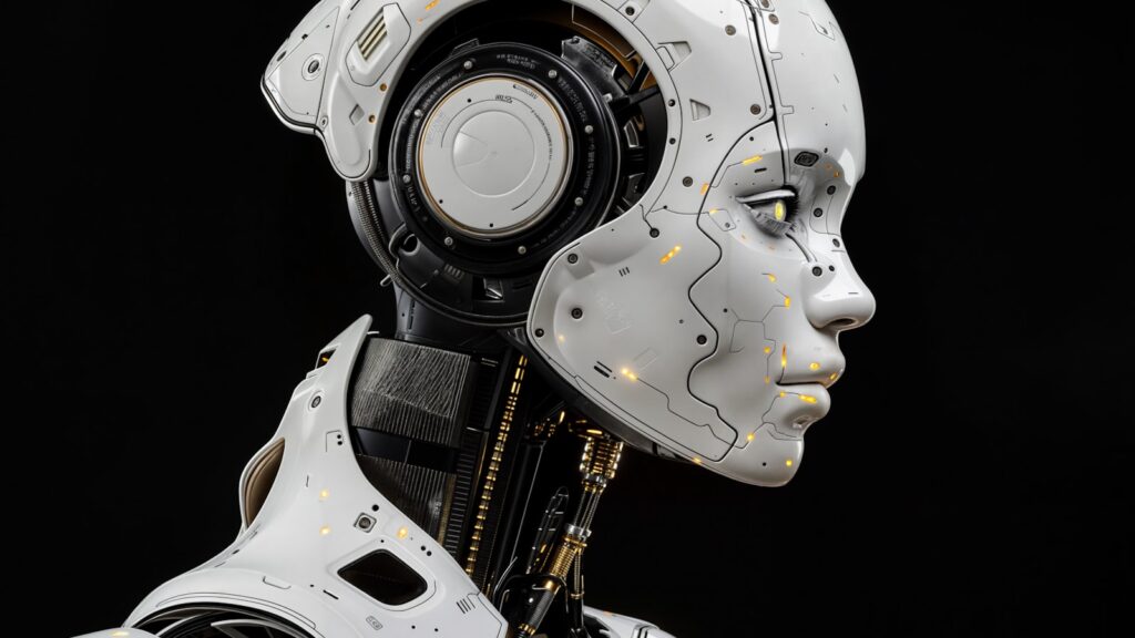 Witte humanoïde robot tegen een donkere achtergrond