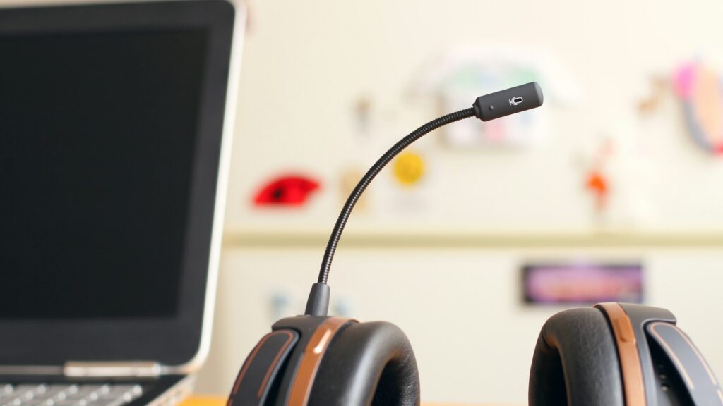 Headset naast een laptop op een bureau